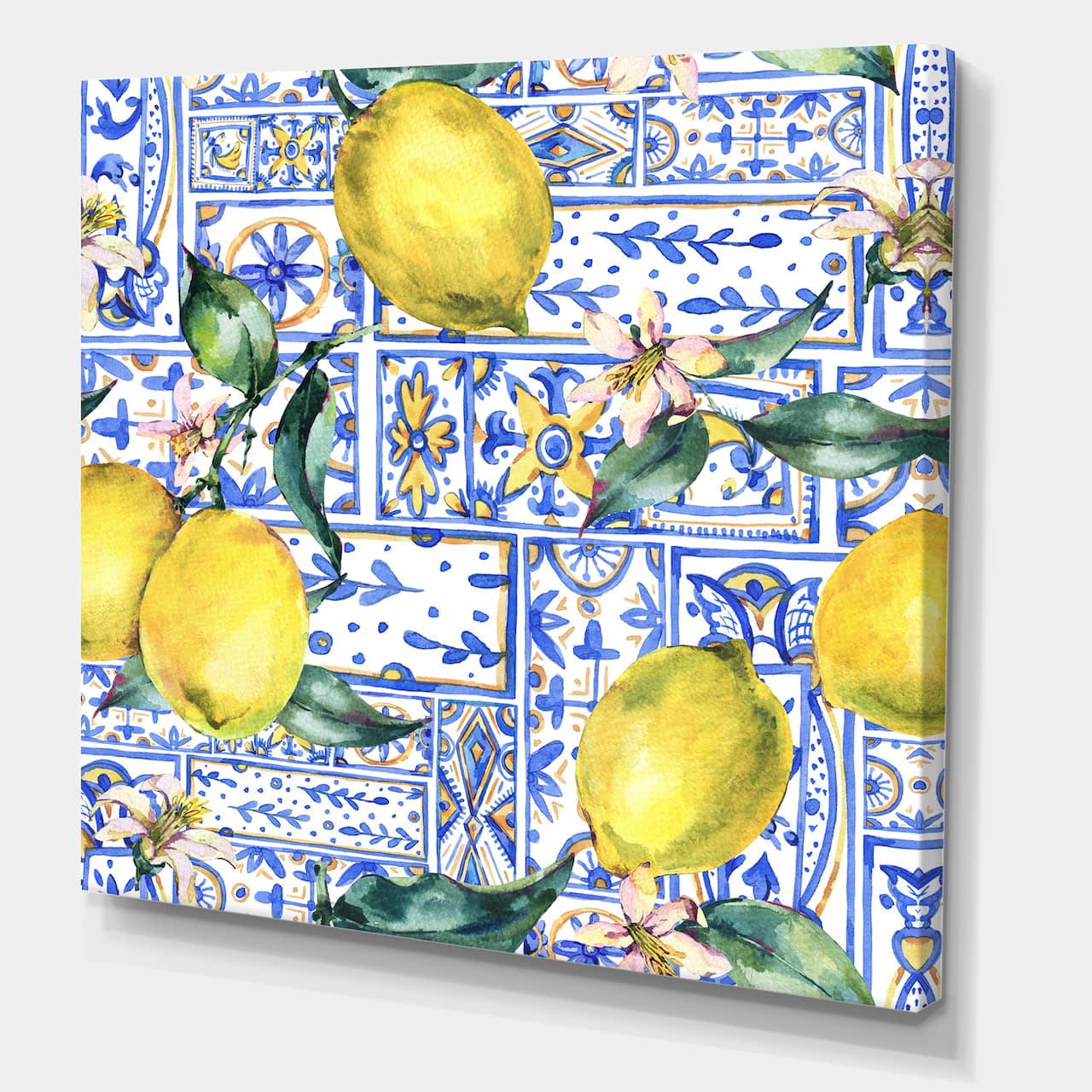 Designart - Lemon Ornament On Blue Geometrical Pattern I - Tropical Canvas Wall Art Print